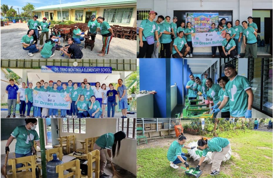 Collage of TP Dream Builder volunteers cleaning, painting and repairing public school classrooms and grounds